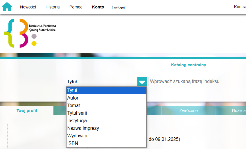 3.	W katalogu centralnym możesz wyszukać książki, korzystając z różnych kategorii: tytuł, autor, tematyka i inne opcje, które wyświetlają się w polu wyszukiwania.
