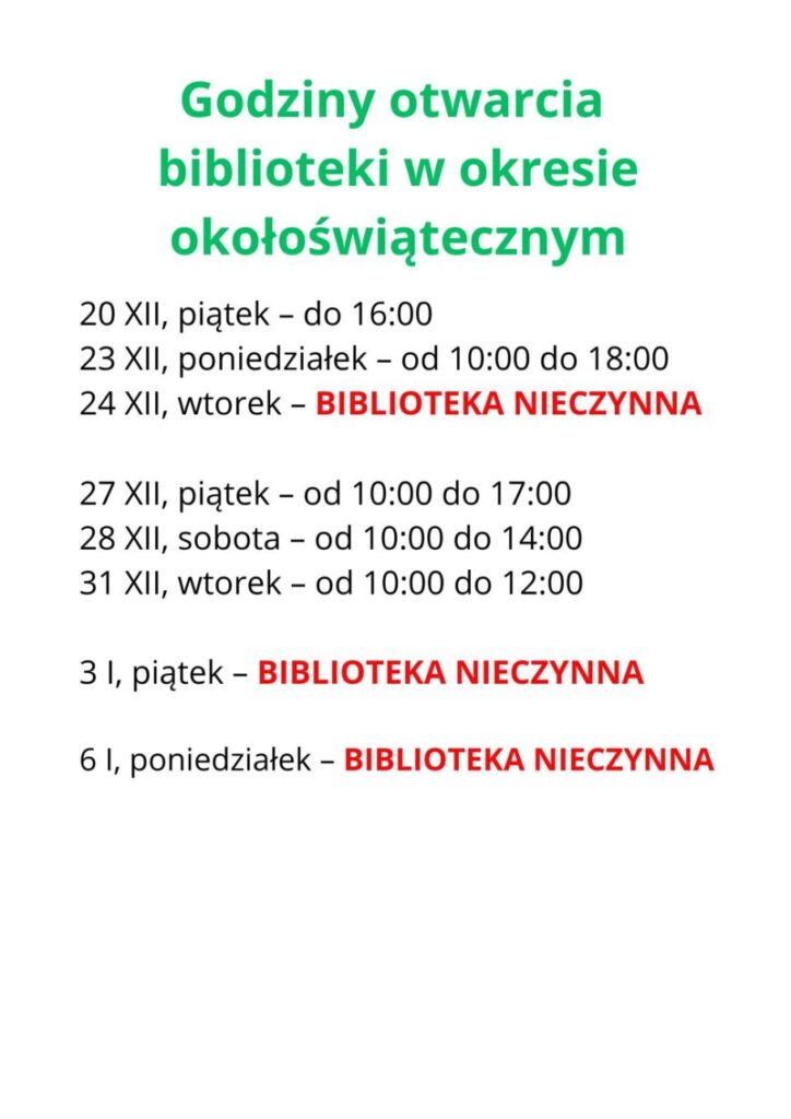 Godziny pracy biblioteki w okresie okołoświątecznym