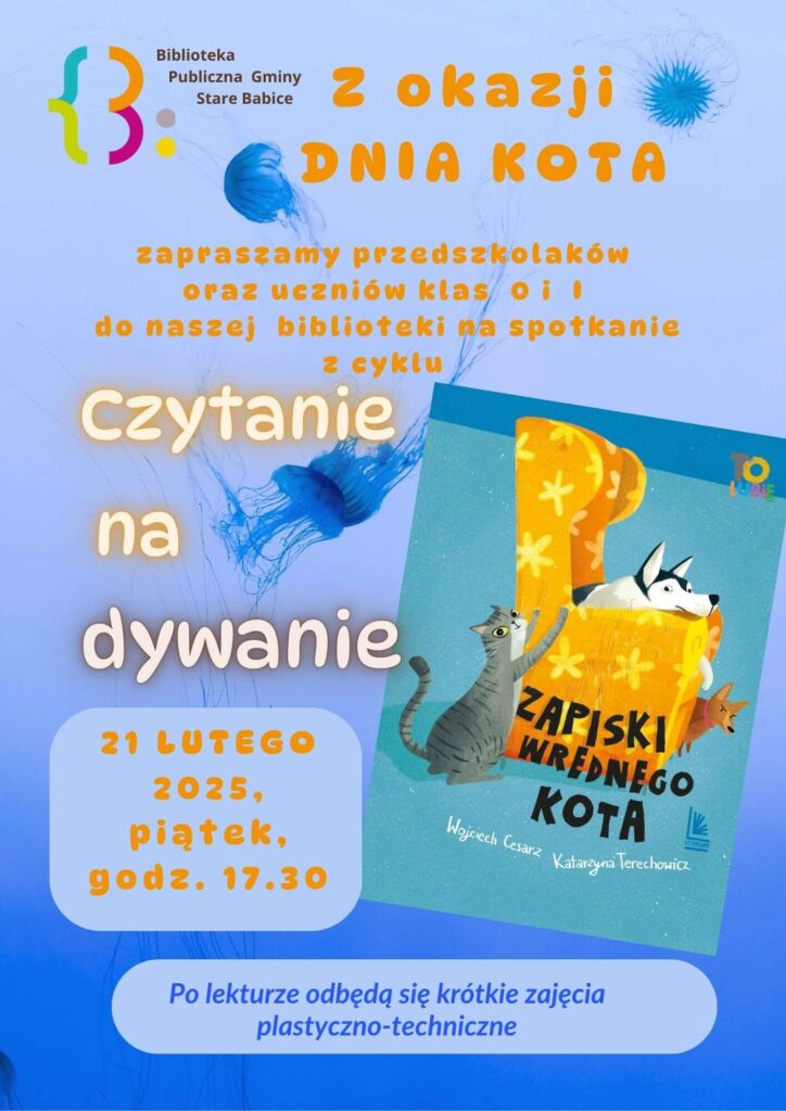 Plakat Czytanie na dywanie ZAPISKI WREDNEGO KOTA